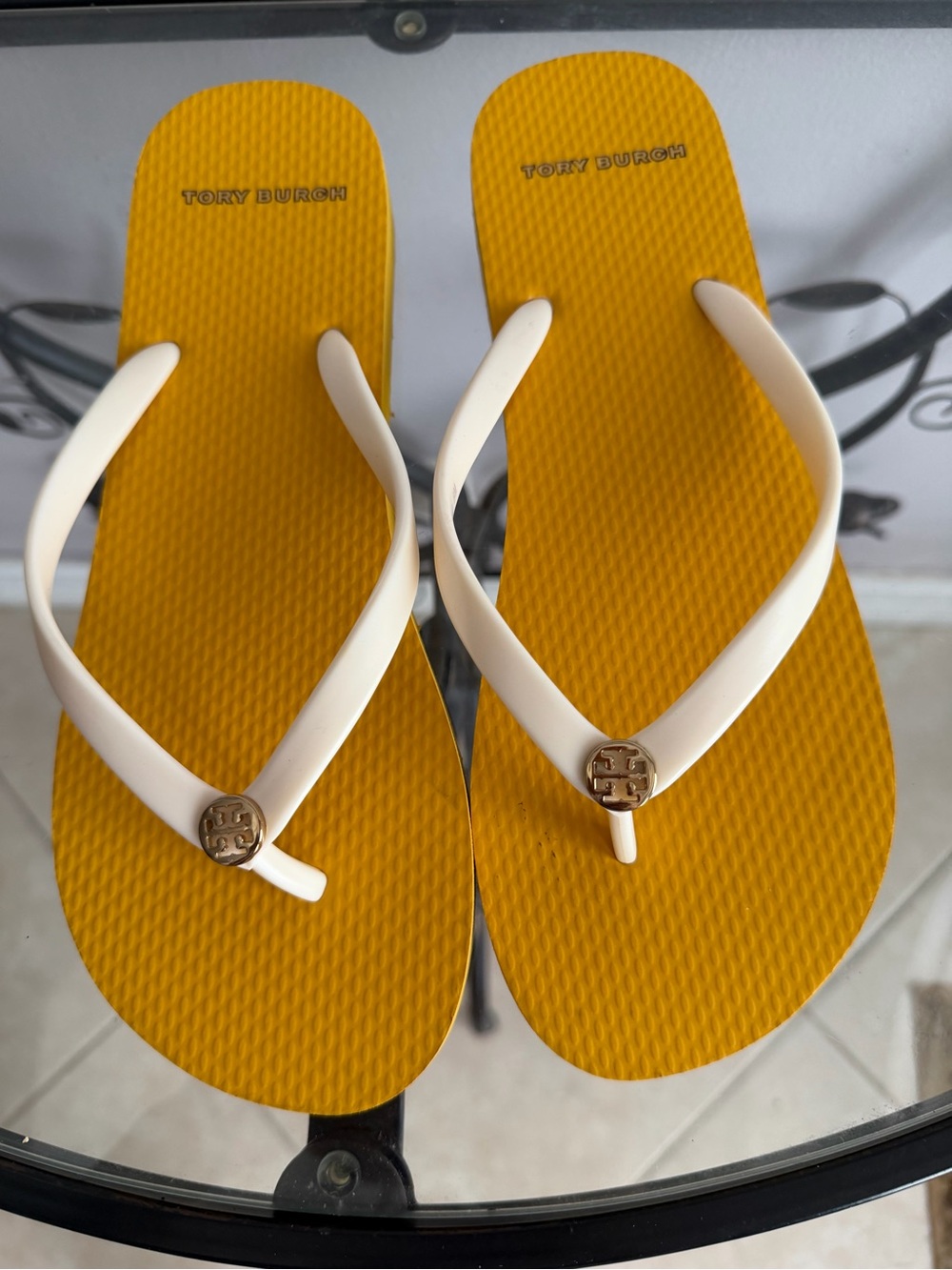 Tory Burch Yellow Footbed with White Straps Logo Flip Sandals